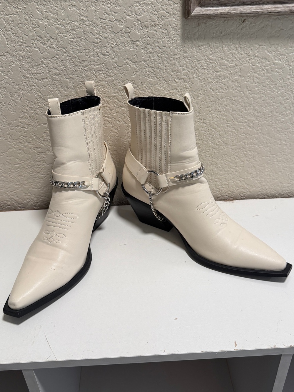 Billini Cream Pointed Western Ankle Boots with Silver Chain